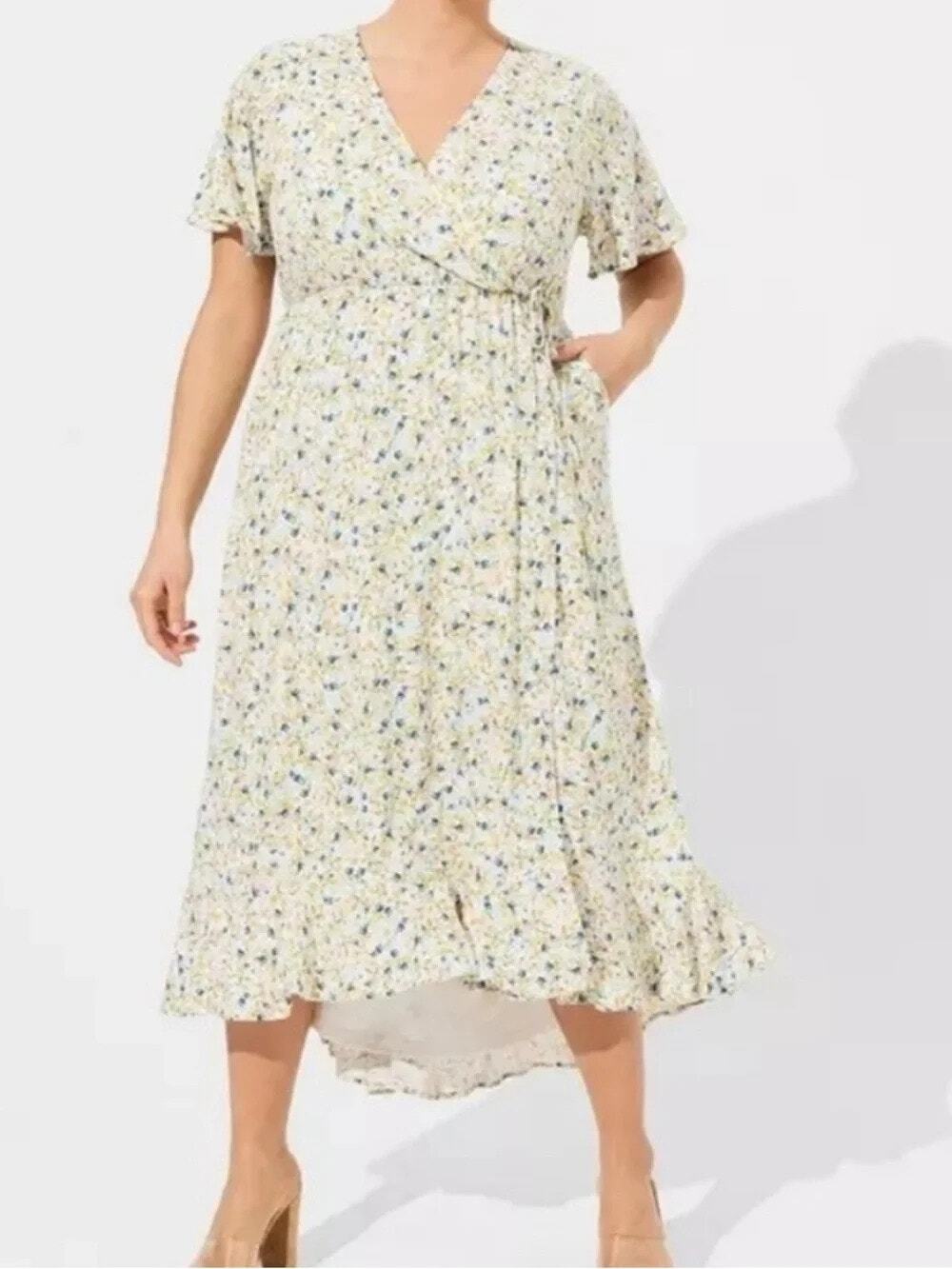 Torrid Sunshine Ditsy Floral Pockets Maxi Rayon Slub Surplice Wrap Dress Size 1X